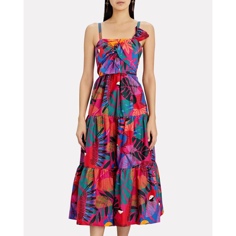 FARM Rio Womens Multi Macaw Bow Top Front Tiered Midi Dress Size L NWOT